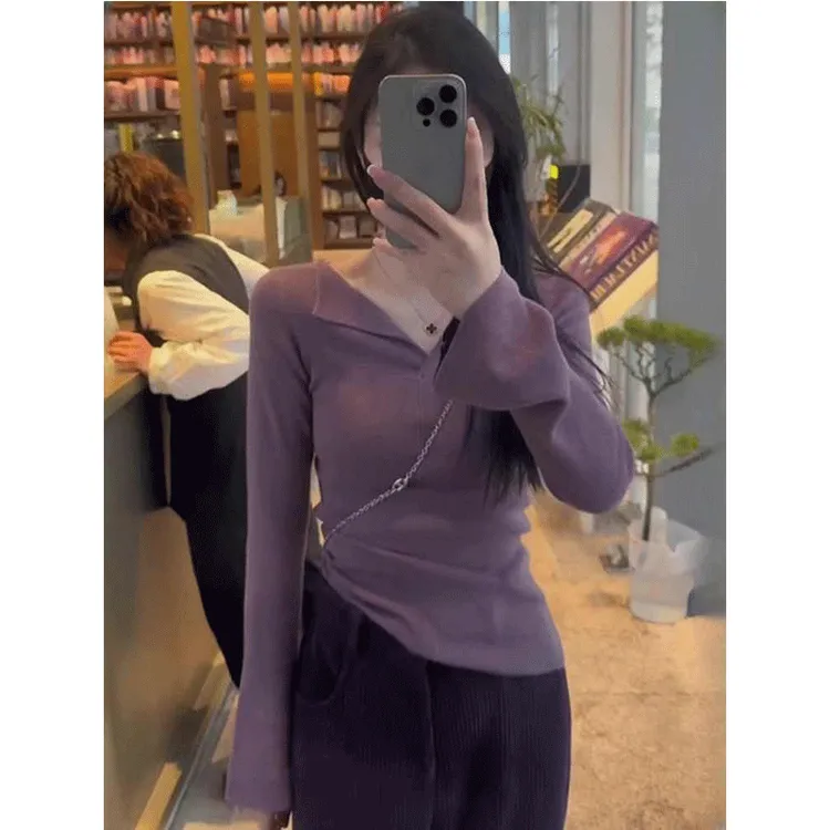 薄款翻领冰丝针织衫女款早秋季新款纯欲风修身内搭显瘦打底衫上衣