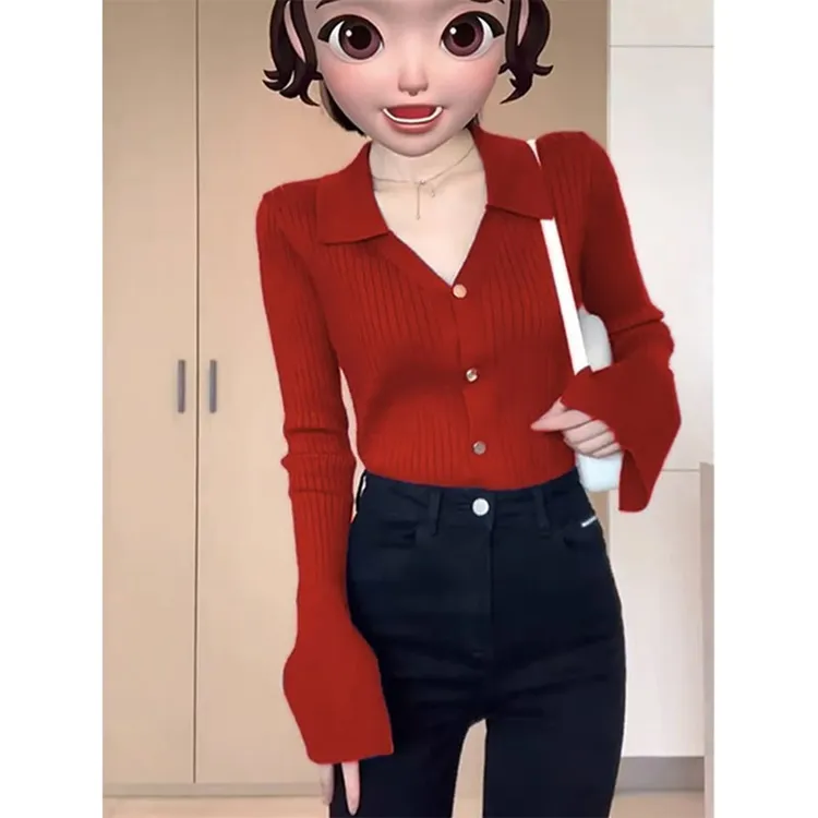 法式复古红色Polo领针织开衫2025年秋季新款修身内搭坑条打底上衣