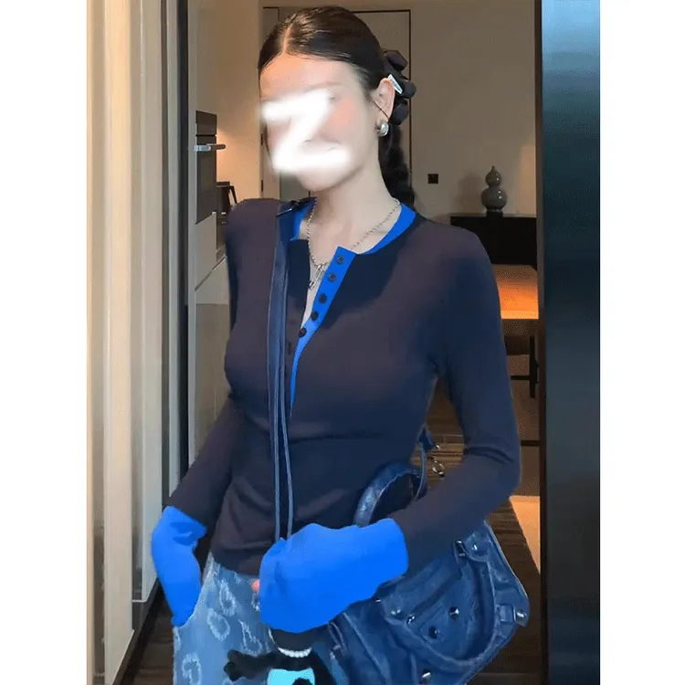 美式撞色长袖针织衫上衣女早秋新款修身打底衫高级感气质t恤