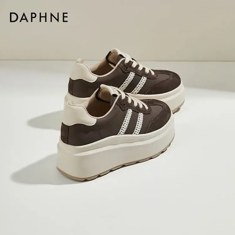 达芙妮厚底增高休闲鞋2024秋季上新款咖色条纹老爹鞋时尚百搭女鞋