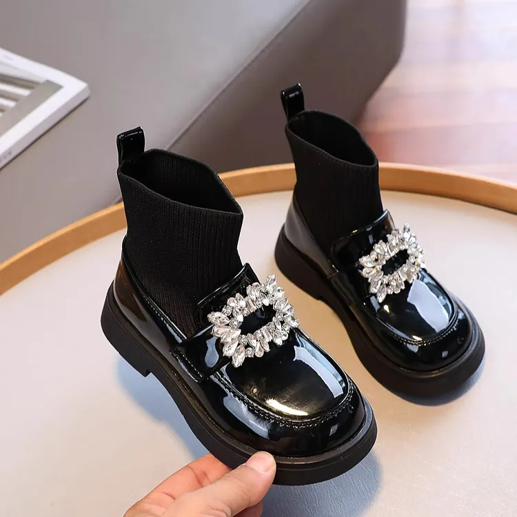 ABC女童单靴2025秋冬新款亮皮水钻儿童加绒女宝袜子靴洋气公主靴