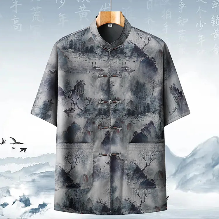 唐装老人男冰丝半袖外套宽松套装中老年爸爸装唐装中老年爸爸装