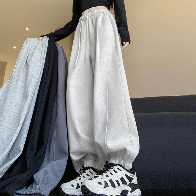 美式灰色运动裤女冬宽松加绒束脚2024新款高腰显瘦休闲防风卫裤