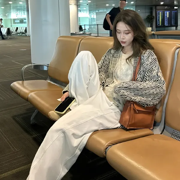 时尚套装女秋季慵懒风宽松复古条纹长袖针织开衫休闲阔腿裤两件套