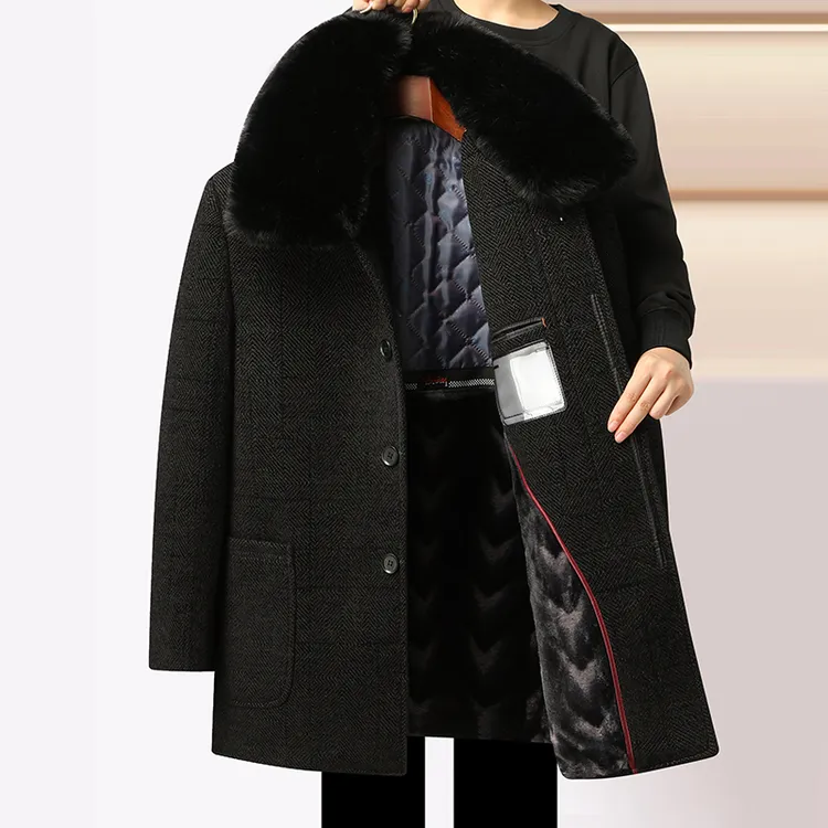 高档爸爸装雪尼尔外套中老年男士加绒毛呢大衣加厚保暖爷爷棉衣
