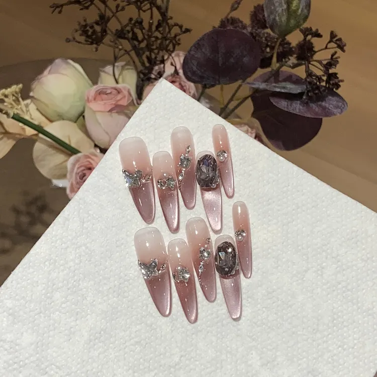 九紫离火纯手工穿戴甲美甲纯欲粉色渐变侧光猫眼碎钻甲片穿戴美甲