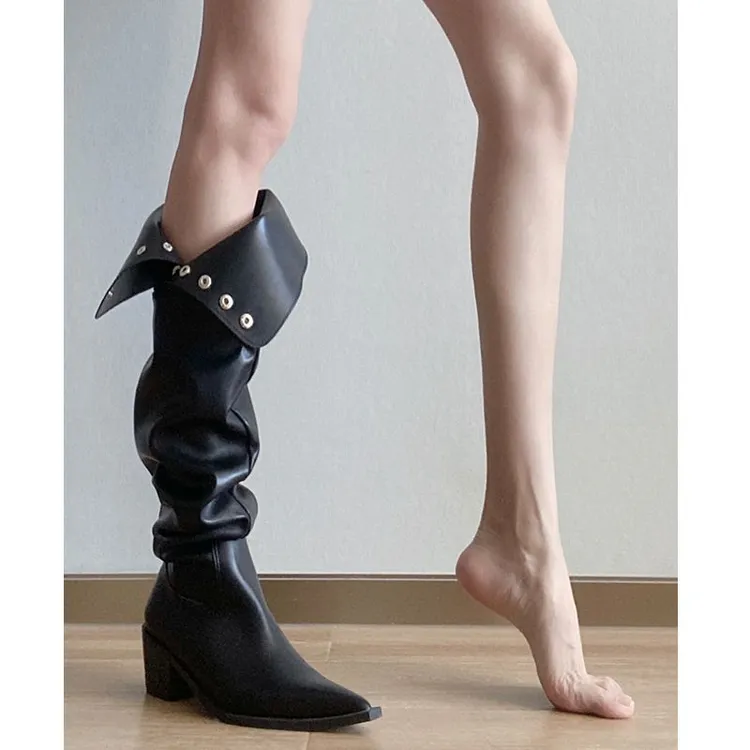 软皮版 过膝长靴小众设计两穿堆堆靴高筒骑士靴粗跟西部牛仔靴