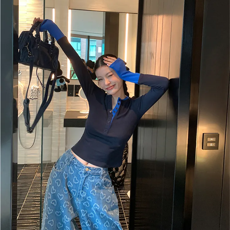 假两件半开领长袖打底衫女早秋小众修身显瘦辣妹气质冬季内搭上衣