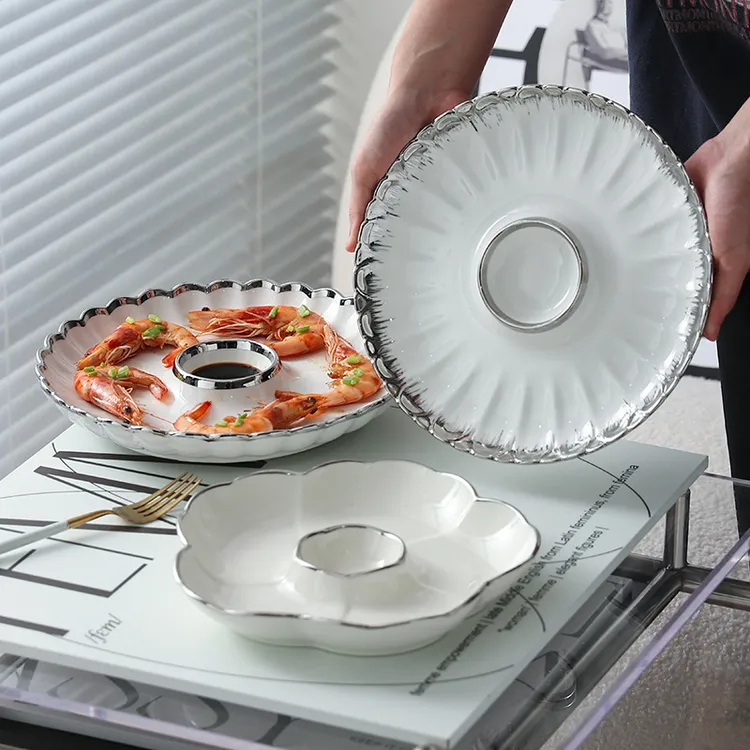 轻奢高颜值ins家用陶瓷饺子专用盘带醋碟寿司盘分格盘水饺虾盘子