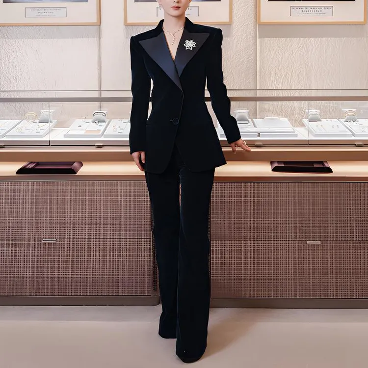 赵丽颖同款丝绒西装套装女春秋拼接缎面职业OL气质主持西服两件套