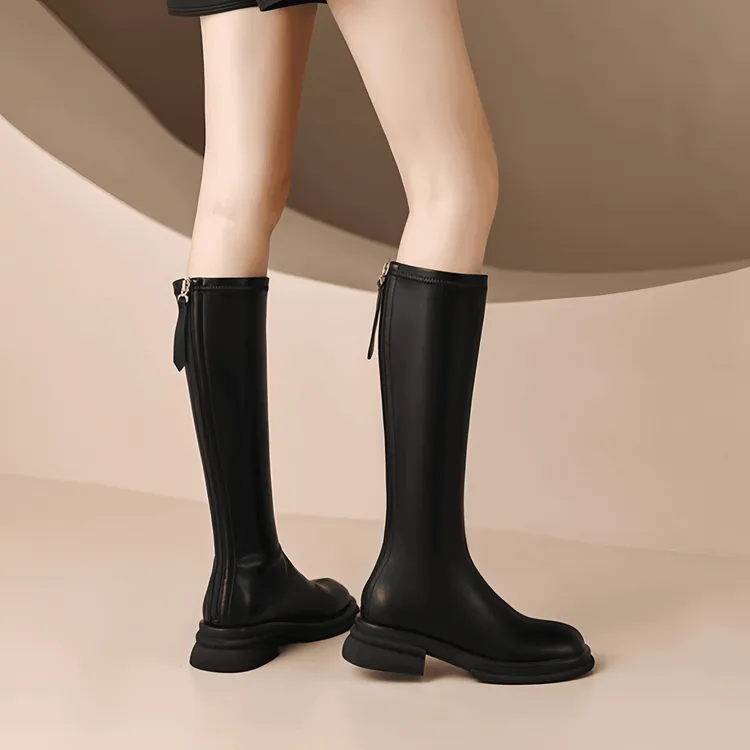 百搭法式粗中跟高筒骑士靴厚底弹力瘦瘦靴圆头后拉链不过膝长靴女