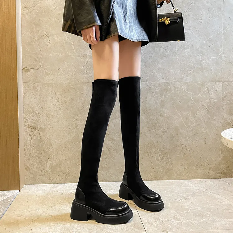 绒面过膝长筒靴子女款2024新款爆款厚底高筒瘦瘦靴女秋冬加绒长靴