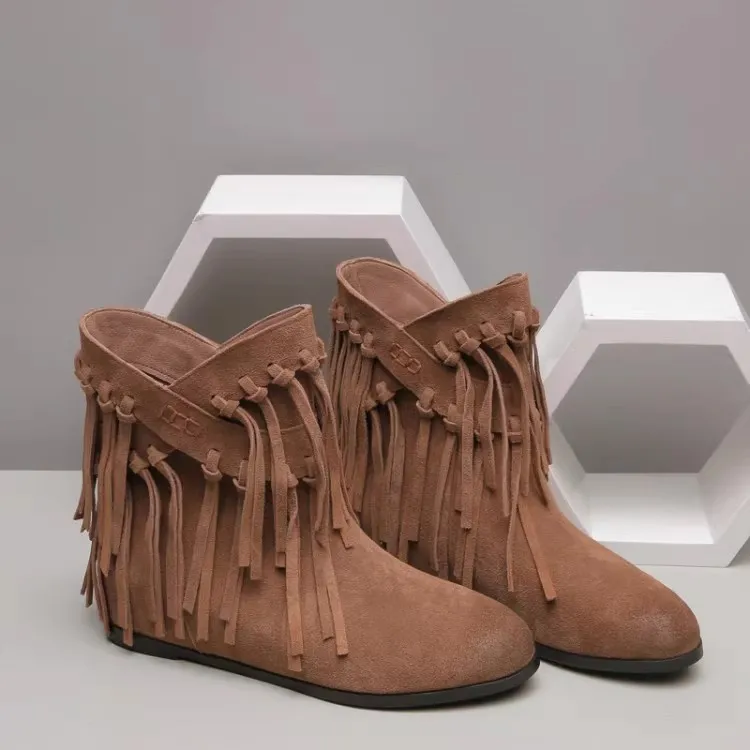 英伦平底圆头流苏踝靴女磨砂内增高西部牛仔短靴复古百搭春秋单靴