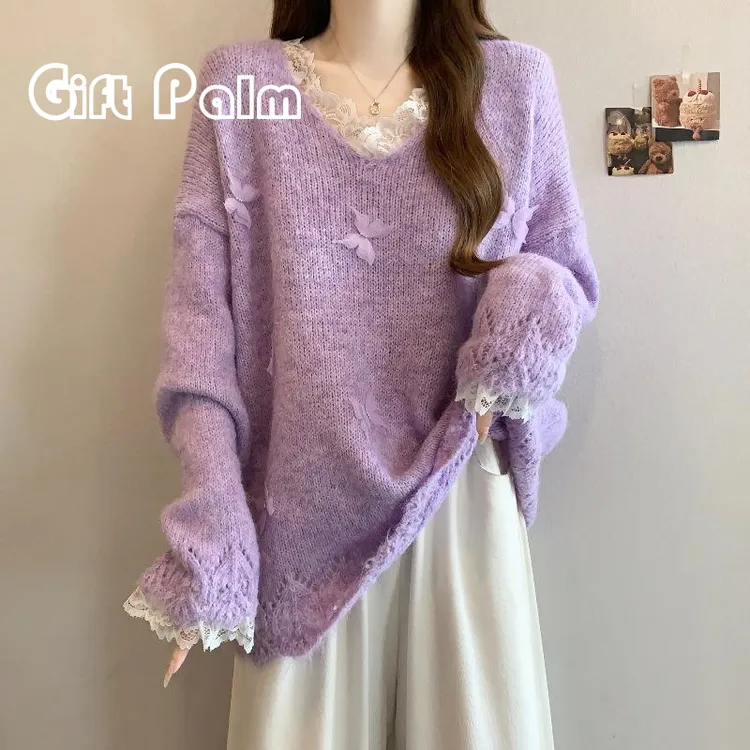 GiftPalm紫色蕾丝v领毛衣秋冬大码胖mm慵懒风加厚漂亮针织衫上衣