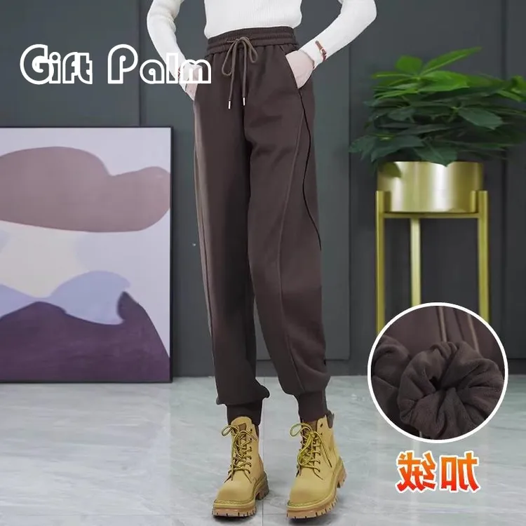 GiftPalm深咖色卫裤女大码冬季加绒加厚显瘦百搭运动裤哈伦休闲裤