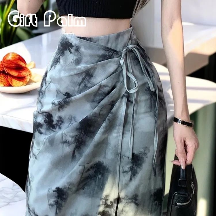 GiftPalm直筒半裙水墨画半身裙女一片式系带包臀长裙后开叉不规则