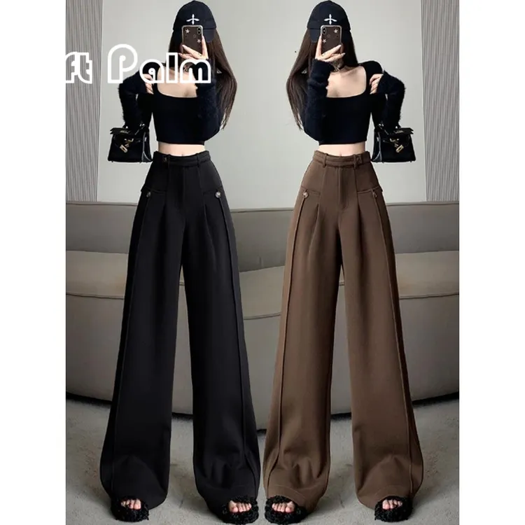 GiftPalm咖色呢料阔腿裤宽松秋冬高腰长裤2024垂坠感拖地休闲裤
