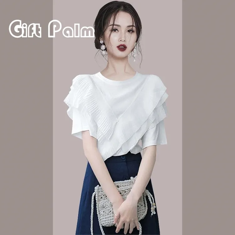 GiftPalm短袖女夏季2024年新款洋气时尚设计感白色荷叶边气质上衣