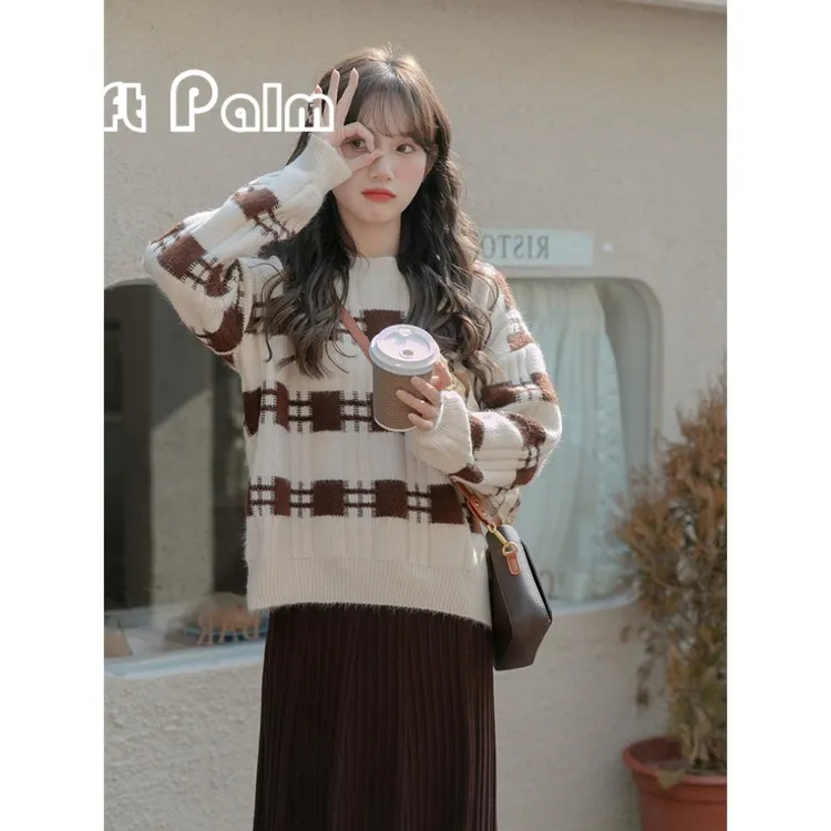 GiftPalm甜美减龄套头毛衣女圆领羊绒秋冬半高领纯羊毛衫宽松少女