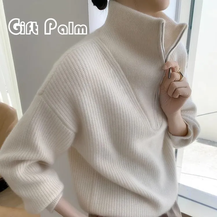 GiftPalm洋气拉链半高领针织衫秋冬季宽松显瘦羊毛衫百搭软糯上衣