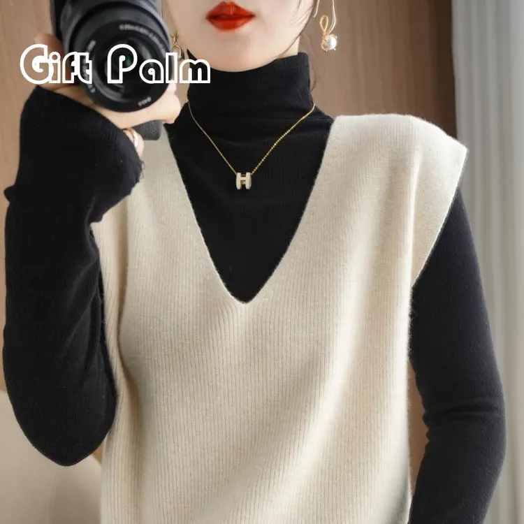 GiftPalm外穿V领无袖套头毛衣针织背心坎肩宽松女马夹套衬衣马甲