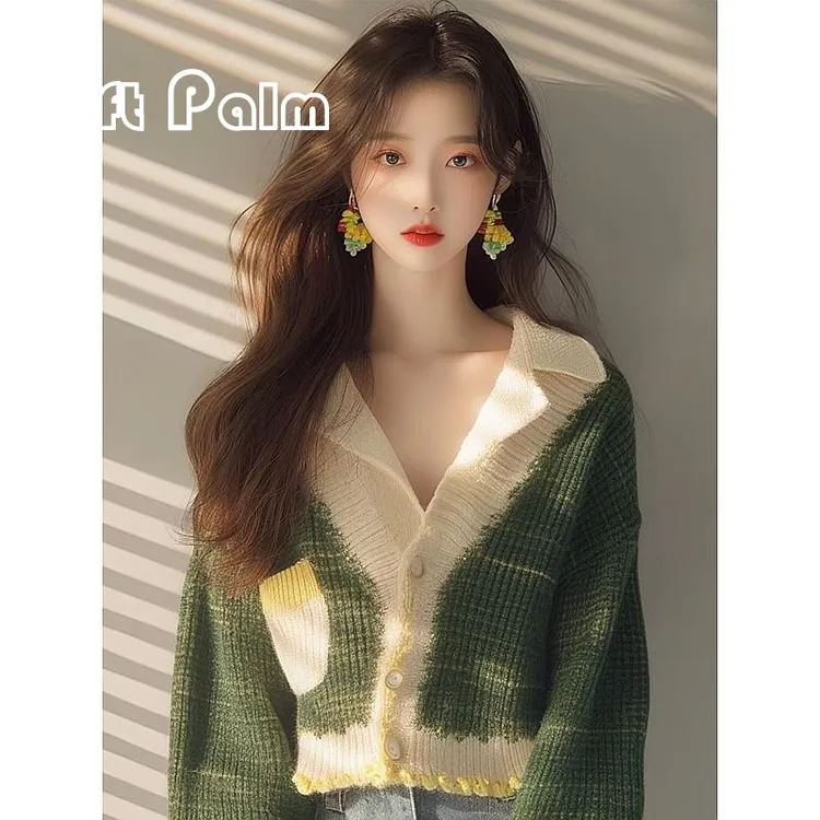 GiftPalm漂亮小衫小个子时髦洋气宽松显瘦绿色v领针织长袖开衫女