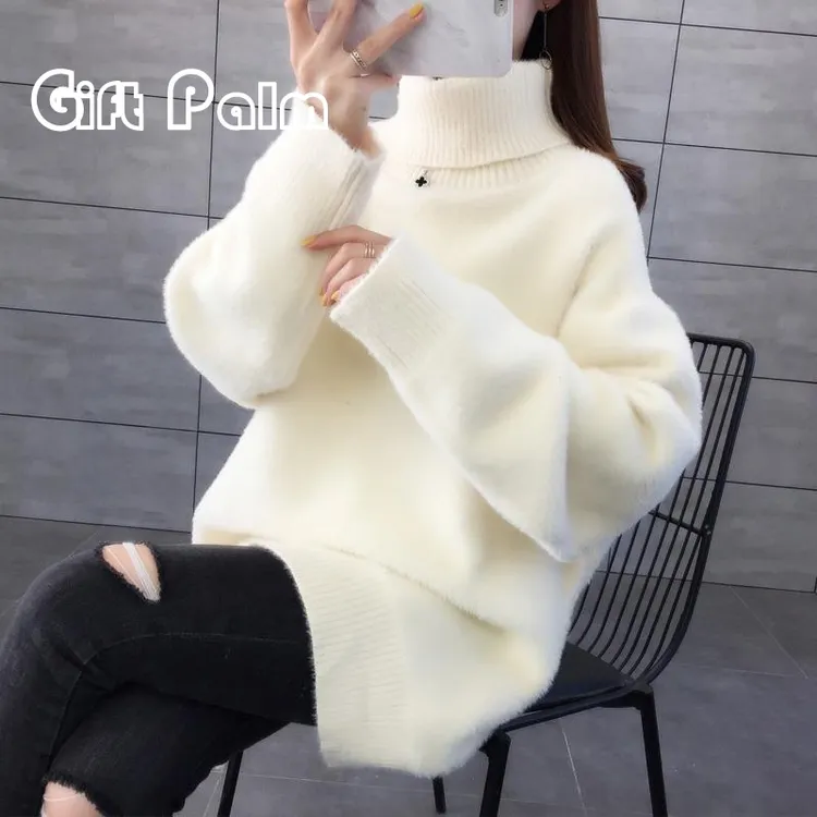GiftPalm毛衣女冬加厚宽松遮屁股内搭奶fufu慵懒中长款水貂毛打底