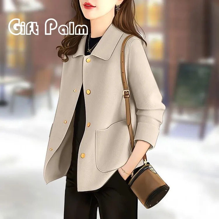 GiftPalm双面羊毛大衣女短款2024新款春秋冬季燕麦色毛呢外套