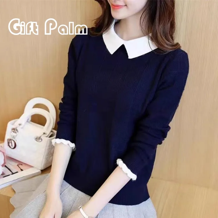 GiftPalm秋季款娃娃领假两件上衣女士毛衣冬季内搭打底针织衫加绒