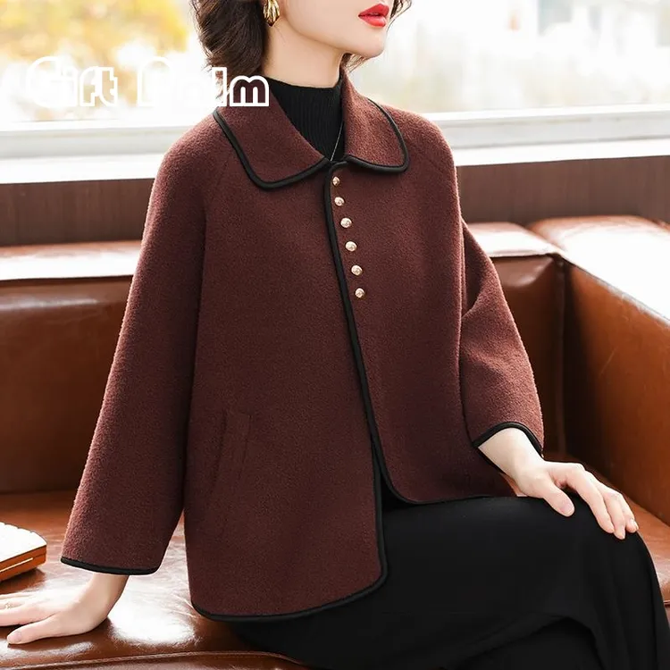 GiftPalm年轻妈妈春秋装短款毛呢外套中老年女装双面呢高贵上衣服
