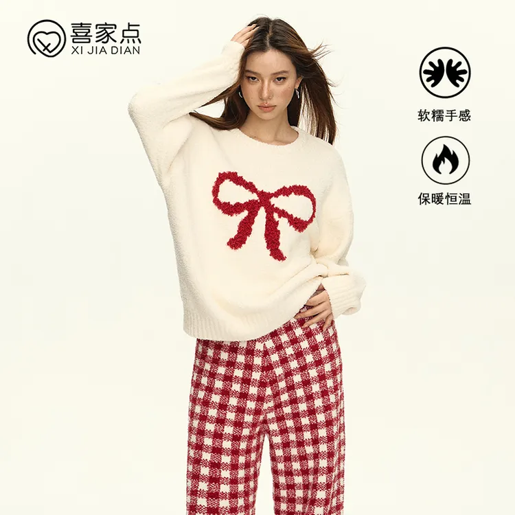 喜家点【红色蝴蝶结】2025秋冬蝴蝶结软糯半边绒家居服女冬款厚睡衣