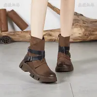 HA23068 真皮女靴时尚百搭英伦风复古中筒厚底圆头拼色女士秋冬靴