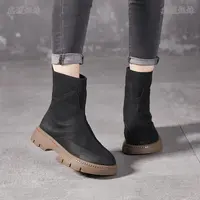 596 真皮女靴时尚百搭厚底复古英伦风圆头显瘦弹力靴秋冬新款女靴