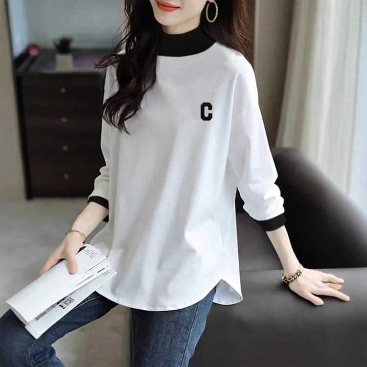 半高领打底衫女弧形遮屁股宽松冬装长袖t恤刺绣欧货长款上衣