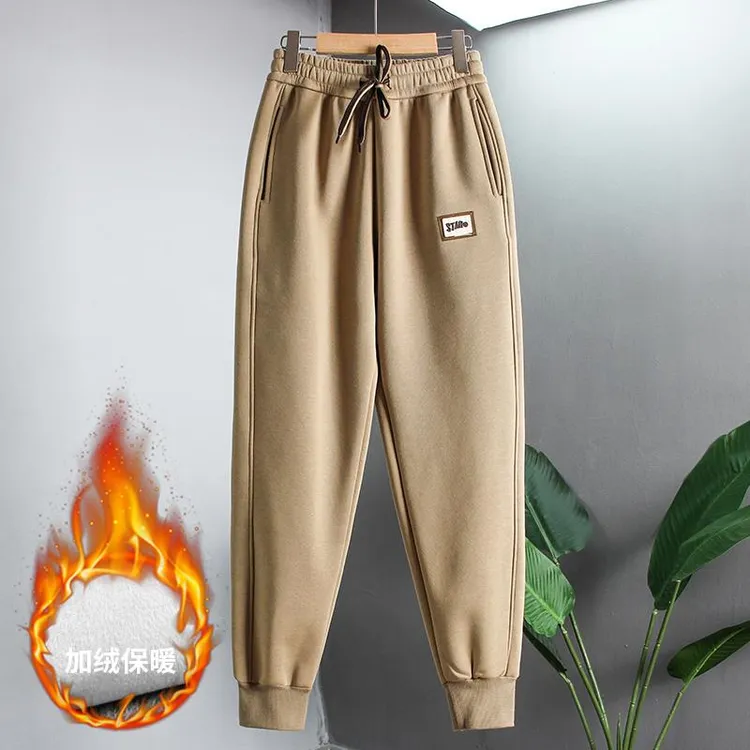 杏色运动裤女2023新款休闲加绒加厚爆款裤子春秋卫裤秋冬束脚女裤