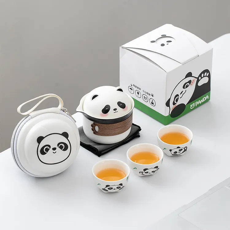 熊猫快客杯陶瓷便携式旅行茶具套装一壶三杯户外露营随茶壶茶杯