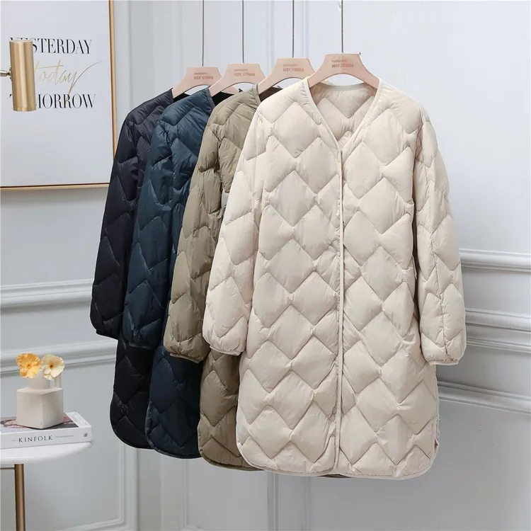 2024秋冬新款轻薄羽绒服女中长款V领长款保暖韩版外套无领内胆潮