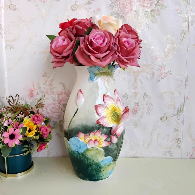 Function art出口精品纯手绘釉下彩好运连连陶瓷花瓶荷花干花花器