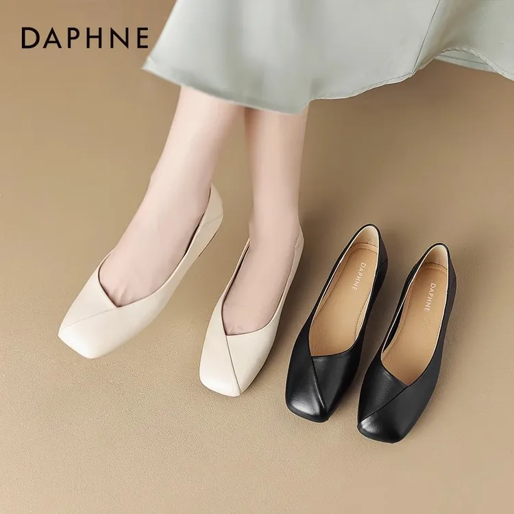 达芙妮平底单鞋女软底奶奶鞋子2025新款夏季浅口一脚蹬皮鞋豆豆鞋