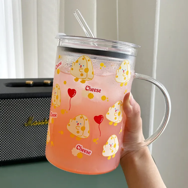 1000ml大容量耐热卡通高颜值女水杯带把手带盖吸管杯家用牛奶杯