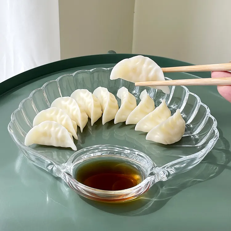 玻璃饺子盘2只装家用带醋碟贝壳水饺盘创意扇形分餐盘加厚水果盘