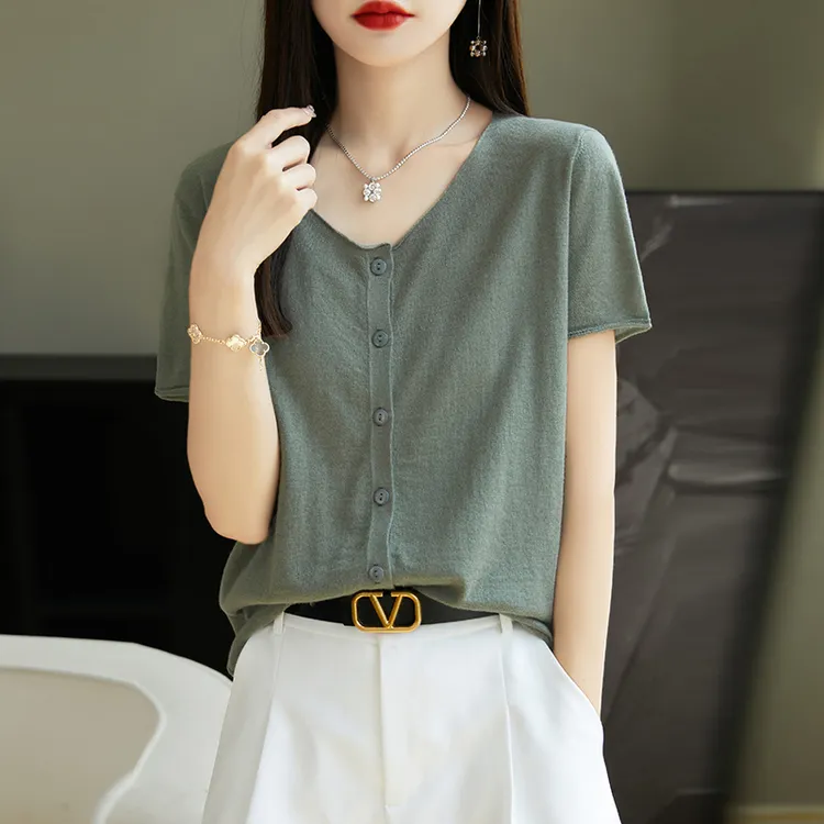 精纺纯色短袖针织衫女开衫夏季薄款毛衣打底外套空调衫防晒衣