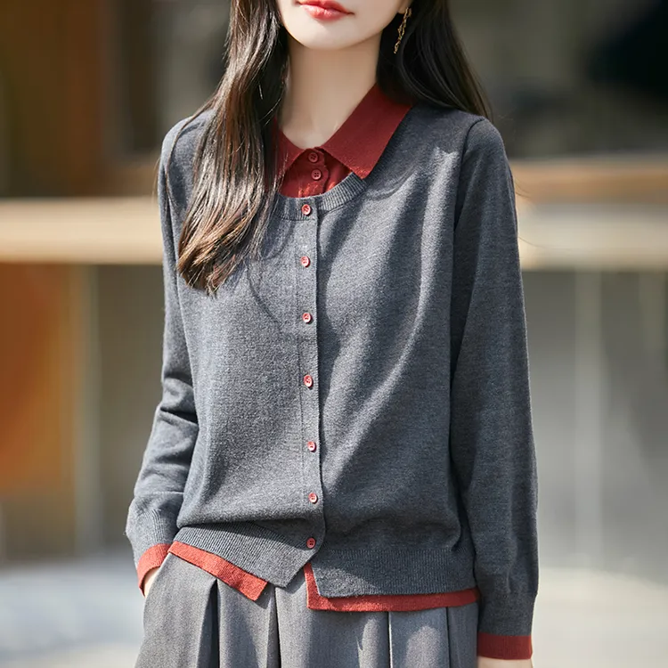 高端重工加厚女撞色假两件精纺针织衫秋冬新款翻领衬衫妈妈装内搭