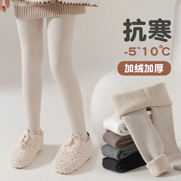 新款冬季加绒加厚一体绒 竖条纹 光板连袜 九分组合款
