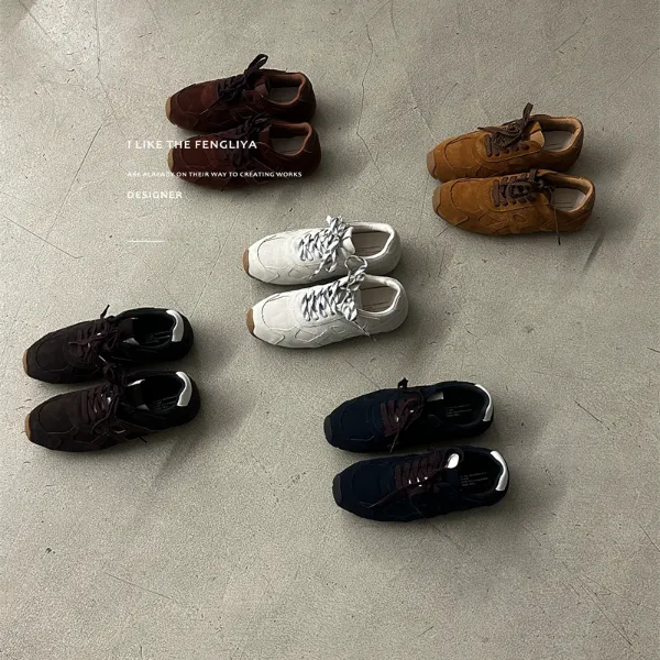 真皮女鞋2025年春秋季新款磨砂皮系带平底休闲简约百搭阿甘德训鞋