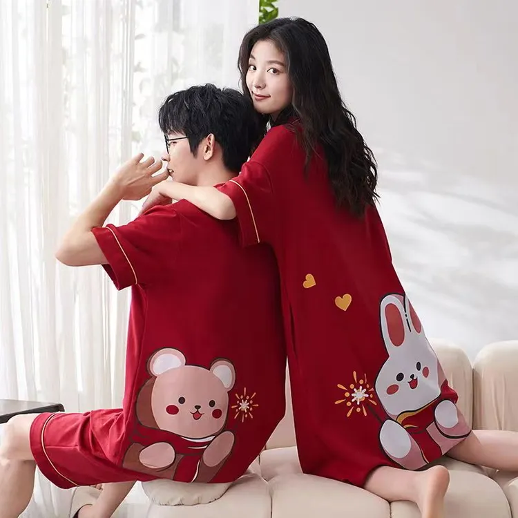 2套价结婚情侣睡衣夏季纯棉短袖短裤红色新婚喜庆男女家居服套装