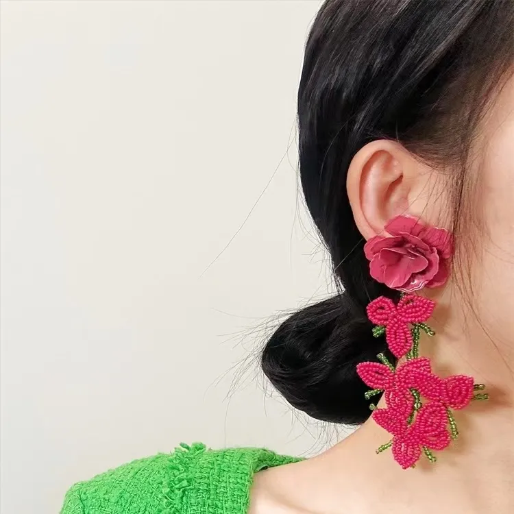合金耳饰 手工编织米珠新娘新款流苏耳环欧美个性耳夹女现货秒发