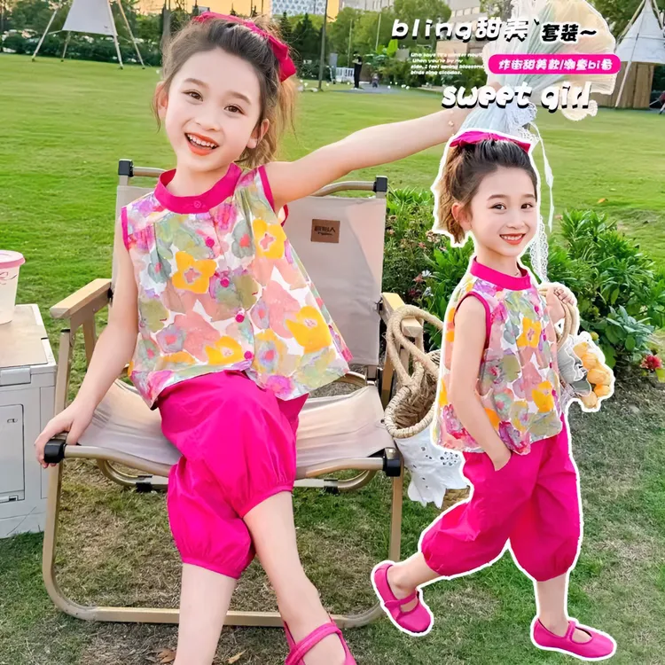 女童无袖碎花套装夏季2024新款洋气时髦女宝宝背心灯笼裤两件套潮