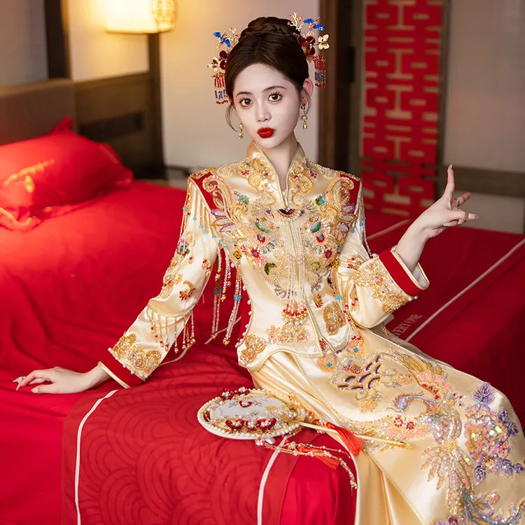 金色秀禾服复古婚服婚礼修身重工显瘦中式结婚嫁衣敬酒服出阁服女