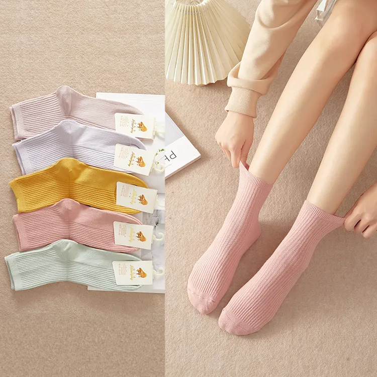 袜子女秋冬季纯色女袜双针棉线袜子休闲中长腰吸汗透气百搭中筒袜